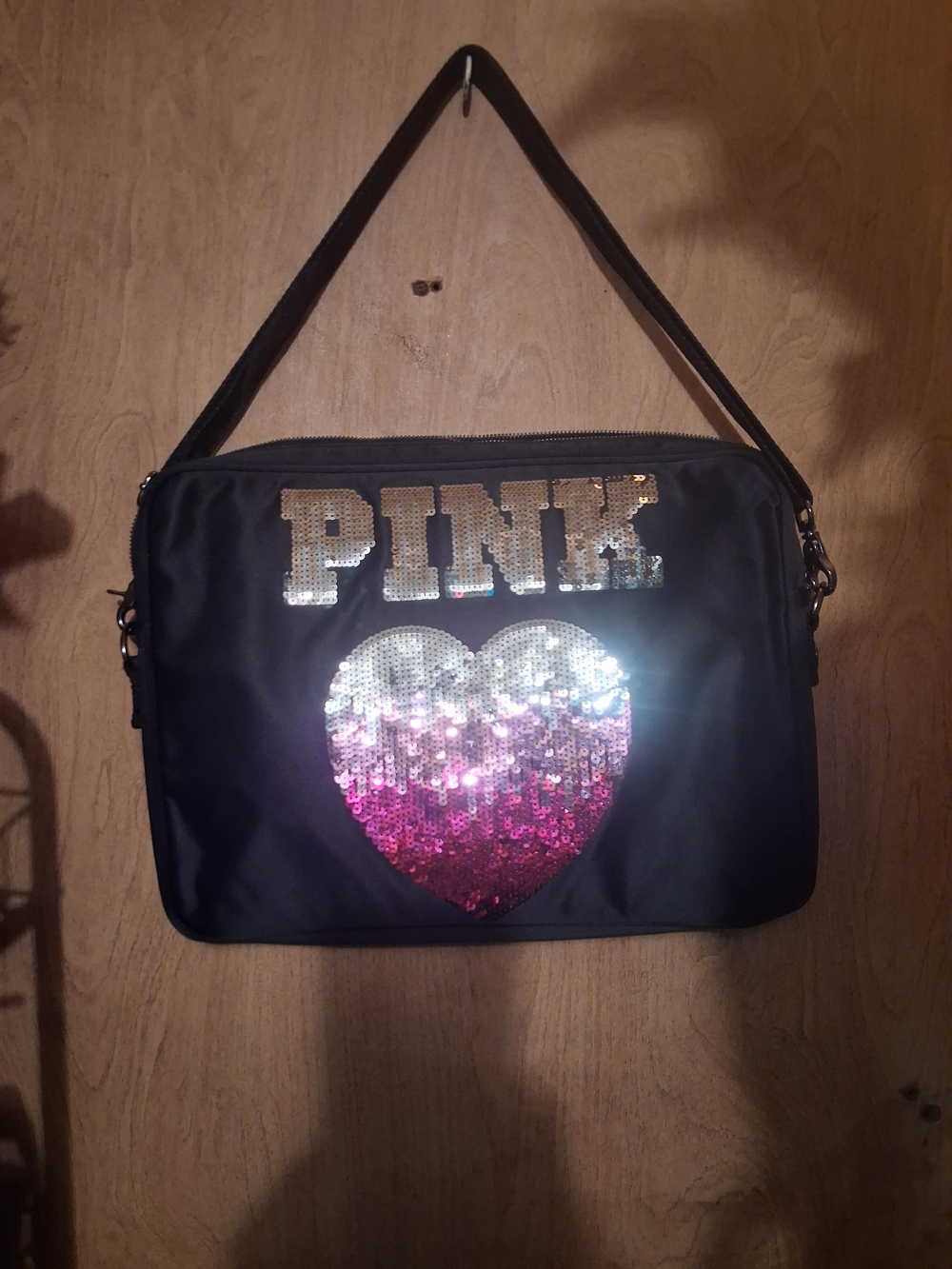 PINK Victoria's Secret Black Laptop Bag with Sequin Heart and Logo